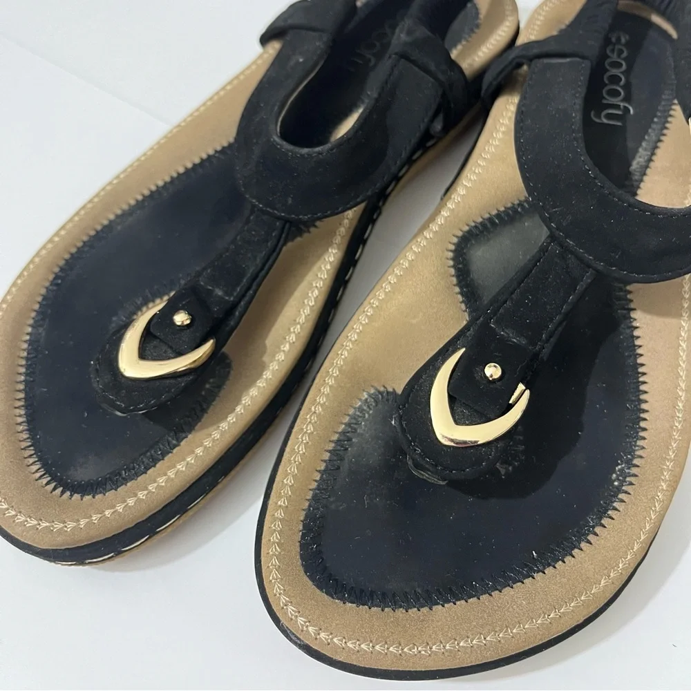 Socofy Black & Gold Thong Slingback Sandals Women’s Comfort Boho Strappy Size 7